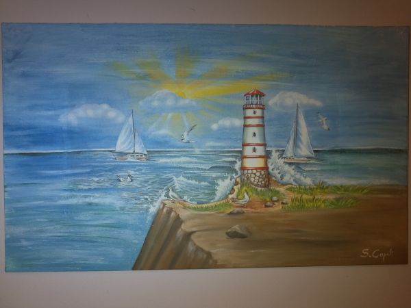 Pintura óleo sobre tela com decoupagem
